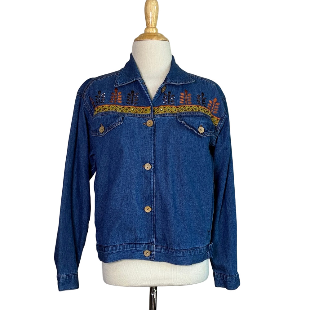 CASEY COLEMAN Women Medium Embroidered Beaded Denim Button Up Jacket Artsy‎